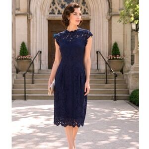 Musol Navy Blue Floral Lace Sheath Dress High Neck Midi Cocktail Wedding Guest M